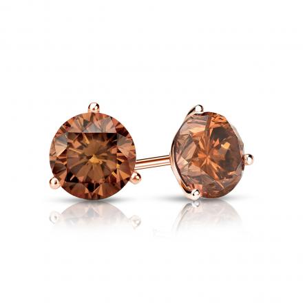 Certified 14k Rose Gold 3-Prong Martini Round Brown Diamond Stud Earrings 0.75 ct. tw. (Brown, SI1-SI2)