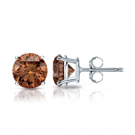 Certified 14k White Gold 4-Prong Basket Round Brown Diamond Stud Earrings  1.50 ct. tw (Brown, SI1-SI2).