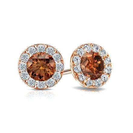 Certified 14k Rose Gold Halo Round Brown Diamond Stud Earrings 1.50 ct. tw. (Brown, SI1-SI2)