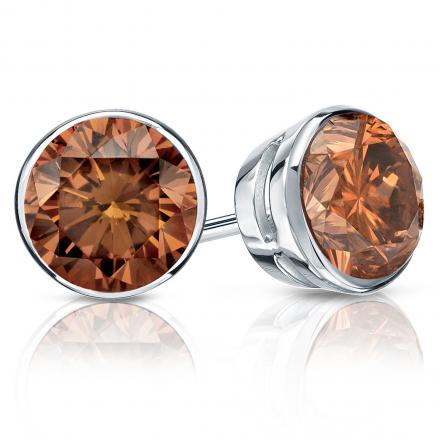 Certified 14k White Gold Bezel Round Brown Diamond Stud Earrings 2.00 ct. tw. (Brown, SI1-SI2)