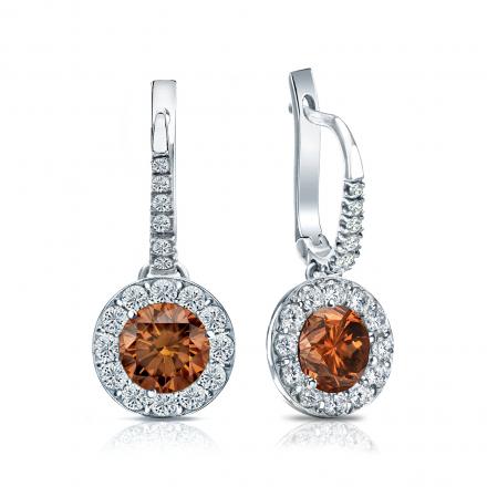 Certified Platinum Dangle Studs Halo Round Brown Diamond Earrings 2.00 ct. tw. (Brown, SI1-SI2)
