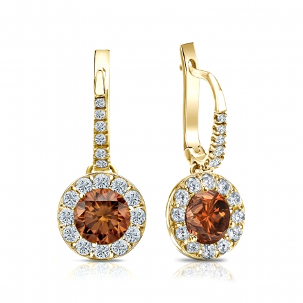Certified 14k Yellow Gold Dangle Studs Halo Round Brown Diamond Earrings 2.00 ct. tw. (Brown, SI1-SI2)