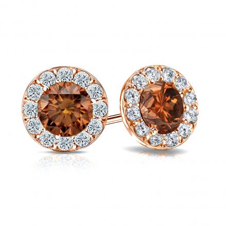 Certified 14k Rose Gold Halo Round Brown Diamond Stud Earrings 2.50 ct. tw. (Brown, SI1-SI2)