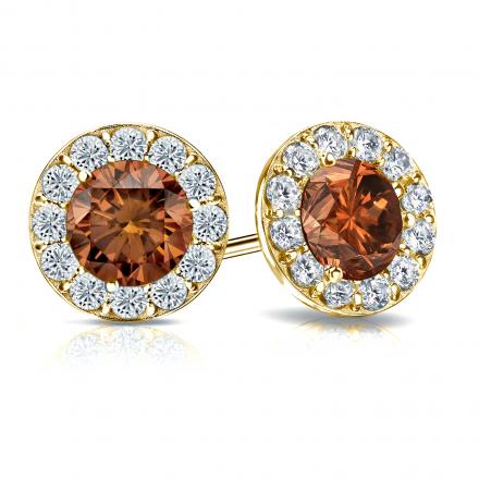 Certified 18k Yellow Gold Halo Round Brown Diamond Stud Earrings 3.00 ct. tw. (Brown, SI1-SI2)