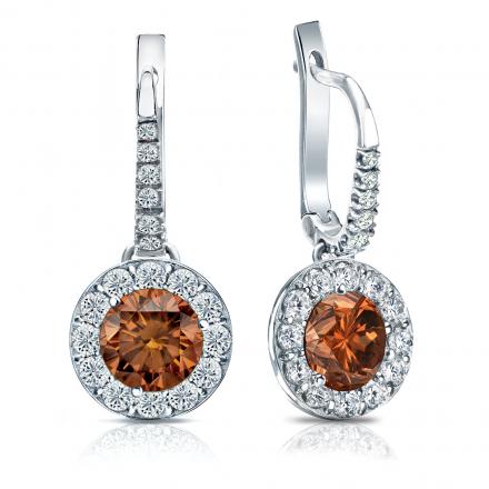 Certified 18k White Gold Dangle Studs Halo Round Brown Diamond Earrings 3.00 ct. tw. (Brown, SI1-SI2)