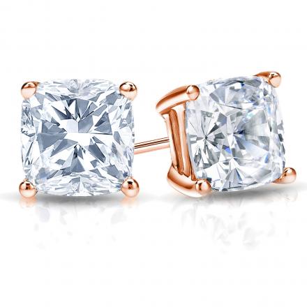 GIA Certified Cushion-Cut Diamond Stud Earrings in 14k Rose Gold 4-Prong Basket