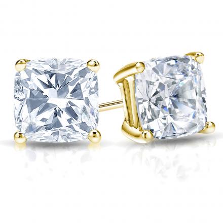 GIA Certified Cushion-Cut Diamond Stud Earrings in 18k Yellow Gold 4-Prong Basket