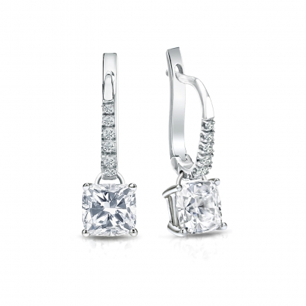 Natural Diamond Dangle Stud Earrings Cushion 1.50 ct. tw. (H-I, SI1-SI2) Platinum Dangle Studs 4-Prong Basket