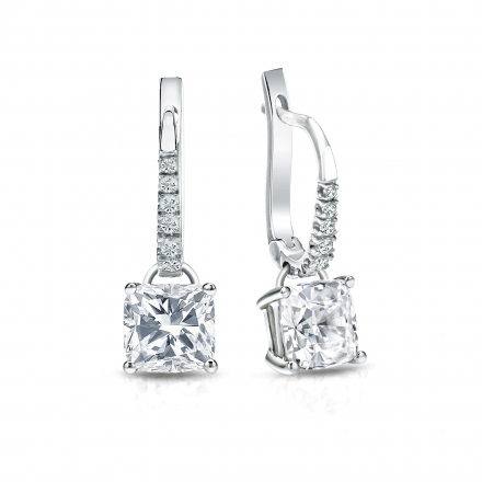 Natural Diamond Dangle Stud Earrings Cushion 2.00 ct. tw. (I-J, I1-I2) Platinum Dangle Studs 4-Prong Basket