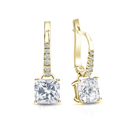 Natural Diamond Dangle Stud Earrings Cushion 2.00 ct. tw. (I-J, I1-I2) 18k Yellow Gold Dangle Studs 4-Prong Basket