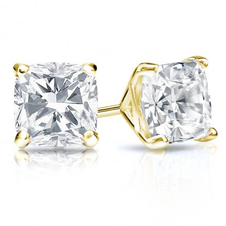 Certified 14k Yellow Gold 4-Prong Martini Cushion Cut Diamond Stud Earrings 2.00 ct. tw. (G-H, VS2)