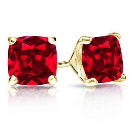 Lab Grown Gemstone Ruby Stud Earrings Cushion 4.00 ct. tw. 18k Yellow Gold 4-Prong Martini