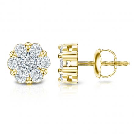 Round Cluster Diamond Earrings Studs 0.75ct 14K Yellow Gold