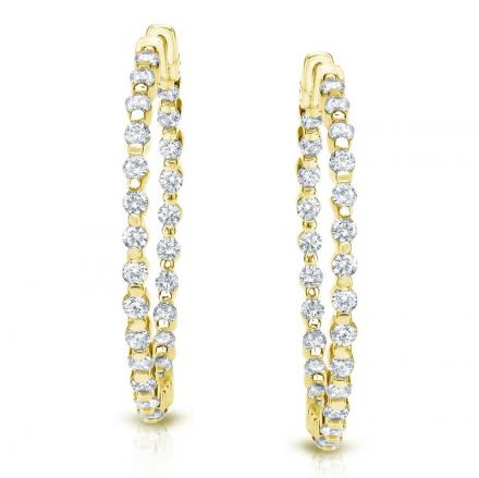 Certified 14K Yellow Gold Large Double Shared Prong Round Diamond Hoop Earrings 10.00 ct. tw. (J-K, I1-I2), 1.75 inch