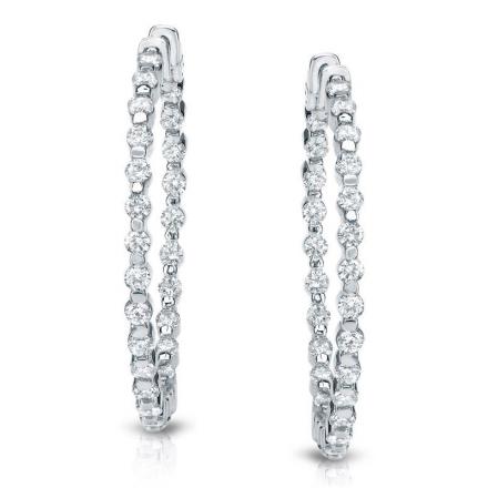 Certified 14K White Gold Medium Double Shared Prong Round Diamond Hoop Earrings 2.50 ct. tw. (H-I, SI1-SI2), 1.25 inch