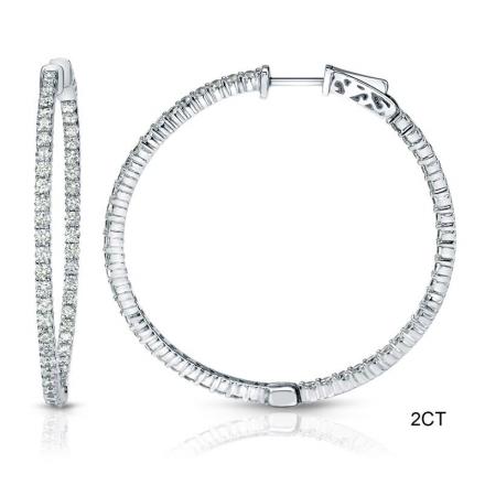 14K White Gold Medium Round Diamond Hoop Earrings 2.00 ct. tw. (J-K, I1-I2), 1.25-inch