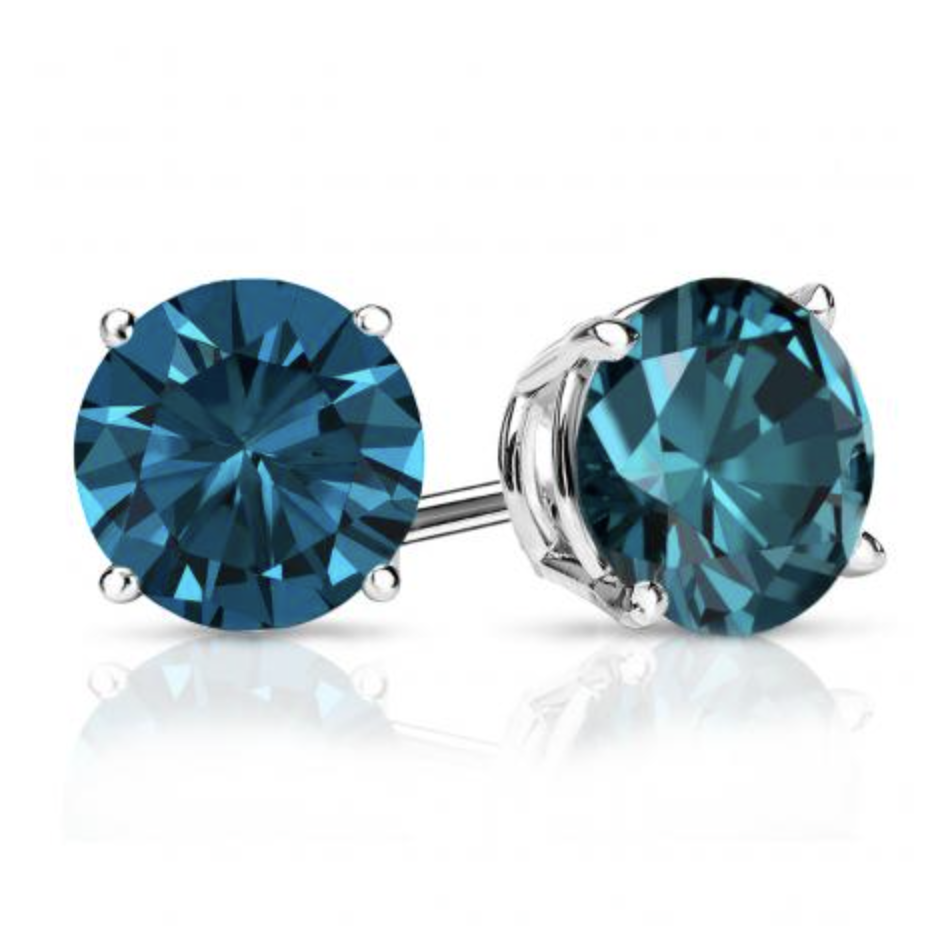 18k White Gold 4-Prong Basket Round IGI Certified Blue Diamond Stud Earrings 2.00 ct. tw. (Blue, SI1-SI2)