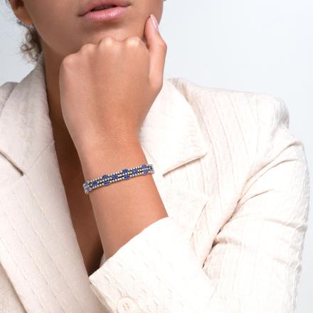 Blue Sapphire and Diamond Three Row Fashion Bracelet (15 cttw.) in 14K White Gold, 7 Inch