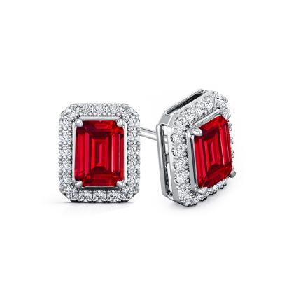 Lab Grown Gemstone Ruby Stud Earrings Emerald 1.00 ct. tw. 14k White Gold Halo