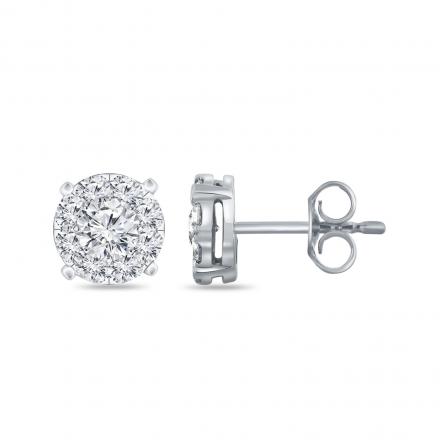 Round Halo Pave Diamond Stud Earrings in 14K White Gold (1/4 cttw)