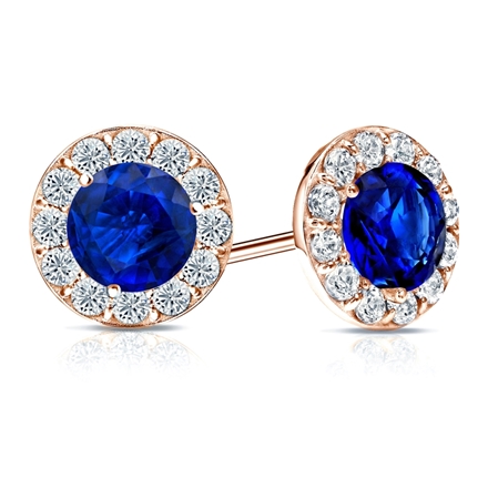 14k Rose Gold Halo Round Blue Sapphire Gemstone Earrings 3.00 ct. tw.