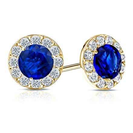 14k Yellow Gold Halo Round Blue Sapphire Gemstone Earrings 1.00 ct. tw.