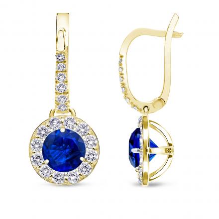 Certified 14k Yellow Gold Dangle Studs Halo Round Blue Sapphire Gemstone Earrings 3.00 ct. tw.