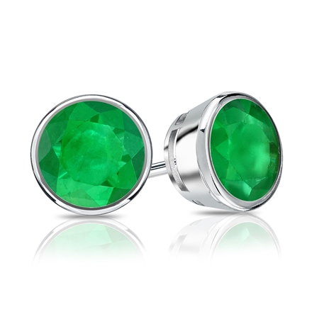 18k White Gold Bezel Round Green Emerald Gemstone Stud Earrings 1.00 ct. tw.