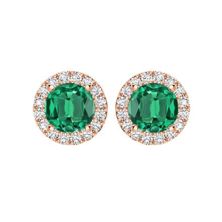 14k Rose Gold Halo Round Green Emerald Gemstone Earrings 1.50 ct. tw.