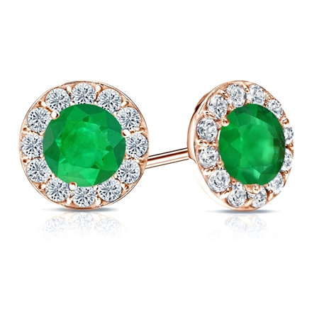 14k Rose Gold Halo Round Green Emerald Gemstone Earrings 1.50 ct. tw.