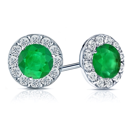 18k White Gold Halo Round Green Emerald Gemstone Earrings 1.50 ct. tw.