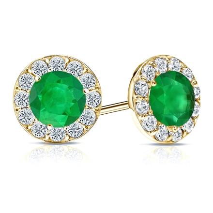 18k Yellow Gold Halo Round Green Emerald Gemstone Earrings 1.50 ct. tw.