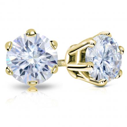 14k Yellow Gold6- Prong Round Moissanite Stud Earrings 2.00 ct TGW, 6.5mm