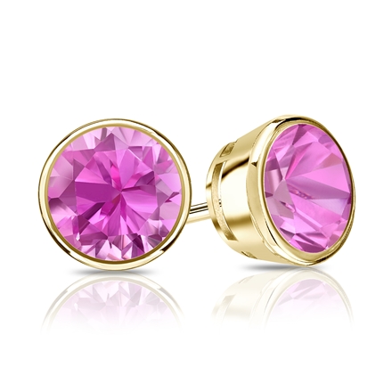 18k Yellow Gold Bezel Round Pink Sapphire Gemstone Stud Earrings 2.00 ct. tw.