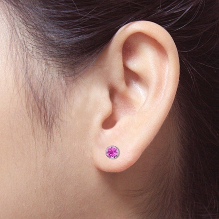 14k White Gold Bezel Round Pink Sapphire Gemstone Stud