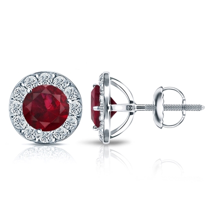 14k White Gold Halo Round Ruby Gemstone Earrings tw