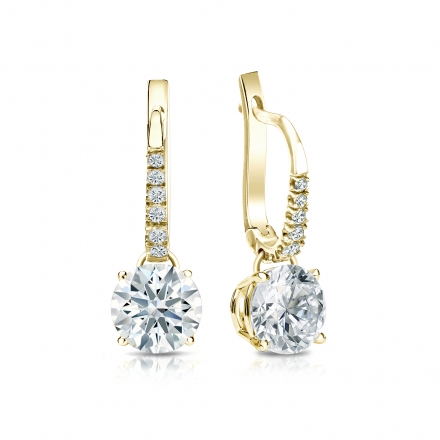 Certified 18k Yellow Gold Dangle Studs 4-Prong Basket Hearts & Arrows Diamond Earrings 1.50 ct. tw. (G-H, SI1-SI2)