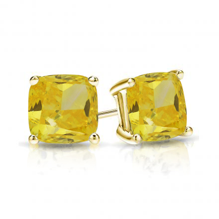 Lab Grown Diamond Stud Earrings Cushion 1.50 ct. tw. (Yellow) in 14k Yellow Gold 4-Prong Basket, Available Variations 1.00 ctw to 1.50 ctw