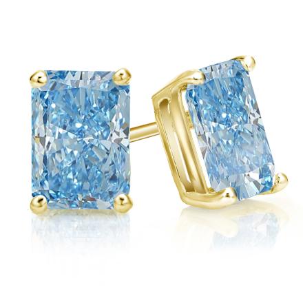 Lab Grown Diamond Studs Earrings IGI Certified Radiant 20.50 ct. tw. (Fancy Vivid Blue, VS) in 14k Yellow Gold 4-Prong Basket