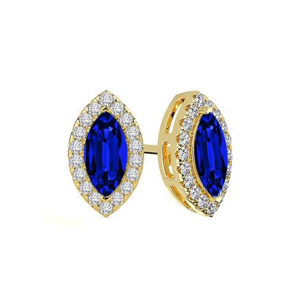 Lab Grown Gemstone Blue Sapphire Stud Earrings Marquise 2.00 ct. tw. 18k Yellow Gold Halo