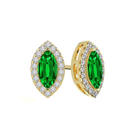 Lab Grown Gemstone Green Emerald Stud Earrings Marquise 3.00 ct. tw. 18k Yellow Gold Halo