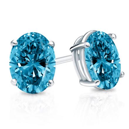 Lab Grown Diamond Fancy Intense Blue Stud Earrings Oval 2.00 ct. tw. (VS) in 14k White Gold 4-Prong