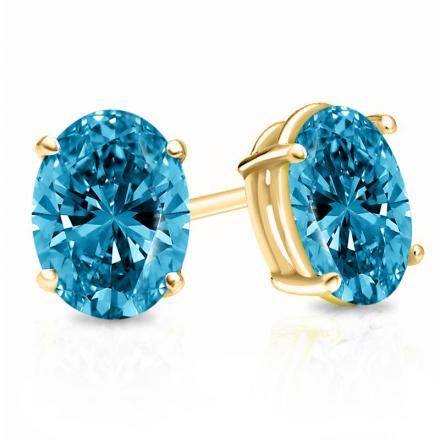 Lab Grown Diamond Fancy Intense Blue Stud Earrings Oval 1.00 ct. tw. (VS) in 14k Yellow Gold 4-Prong