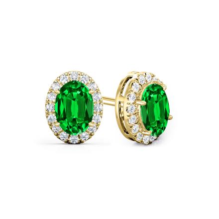 Lab Grown Gemstone Green Emerald Stud Earrings Oval 3.00 ct. tw. 14k Yellow Gold Halo
