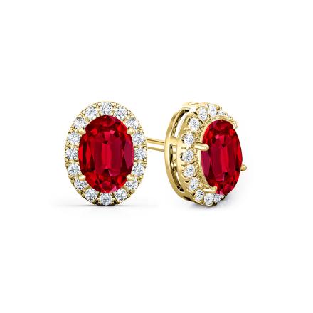 Lab Grown Gemstone Ruby Stud Earrings Oval 2.00 ct. tw. 18k Yellow Gold Halo