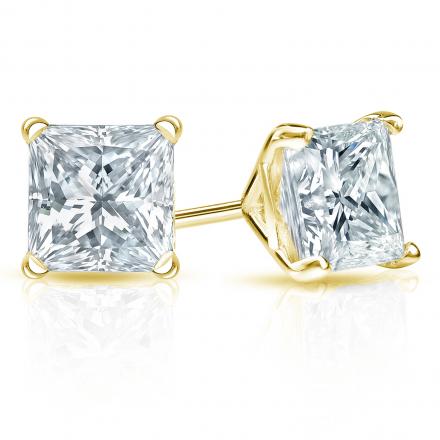 GIA Certified Princess-Cut Diamond Stud Earrings in 18k Yellow Gold 4-Prong Martini