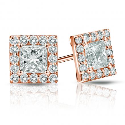 GIA Certified Princess-Cut Diamond Stud Earrings in 14k Rose Gold Halo