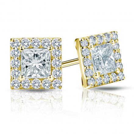 GIA Certified Princess-Cut Diamond Stud Earrings in 18k Yellow Gold Halo