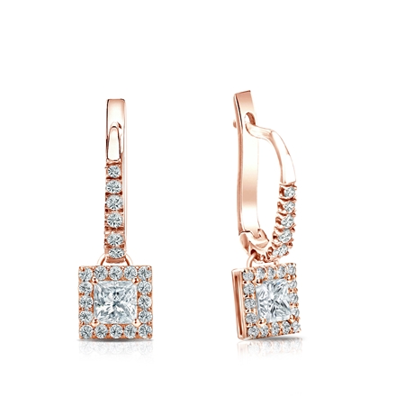 Natural Diamond Dangle Stud Earrings Princess 0.50 ct. tw. (H-I, SI1-SI2) 14k Rose Gold Dangle Studs Halo
