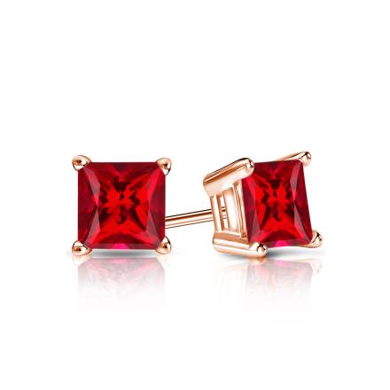 Lab Grown Gemstone Ruby Stud Earrings Princess 0.50 ct. tw. 14k Rose Gold 4-Prong Basket